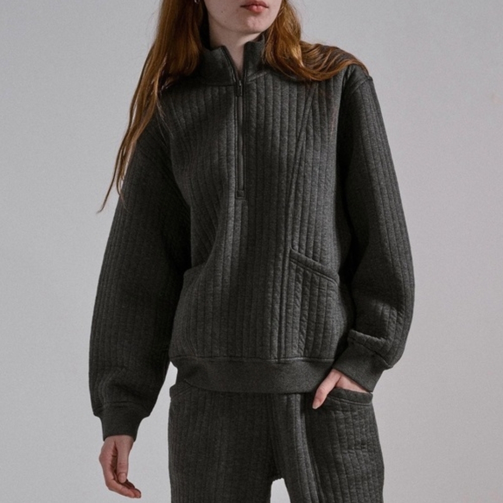 Lunya Charcoal Restore Double Knit Half Zip Pullover Size Medium